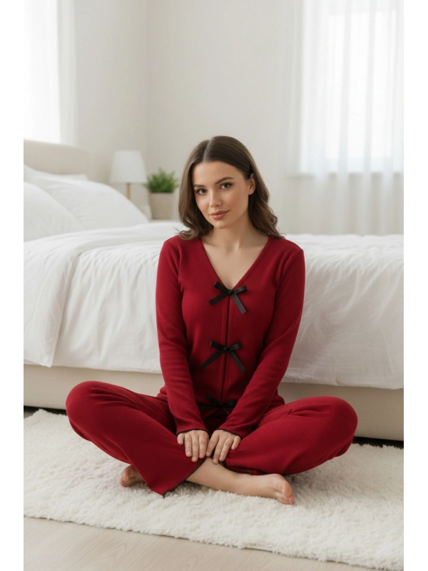 Kadın Bordo Fiyonklu İç Çamaşırı Ve Uzun Kollu V Yaka Pijama Takımı 4lü Set