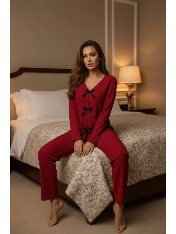 Kadın Bordo Fiyonklu İç Çamaşırı Ve Uzun Kollu V Yaka Pijama Takımı 4lü Set