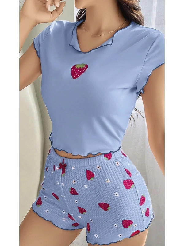 Kadın Çilek Desenli Bebe Mavi Seksi Gecelik Takım 6638