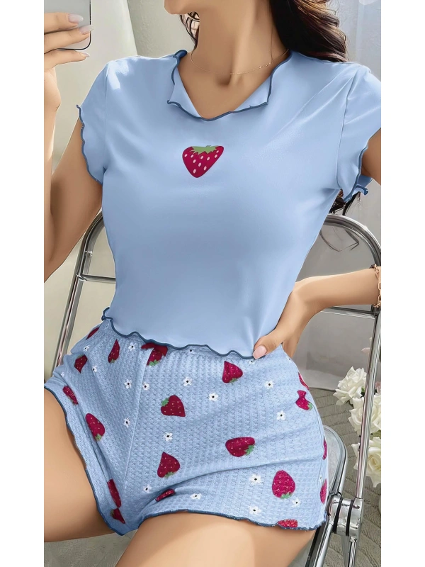 Kadın Çilek Desenli Bebe Mavi Seksi Gecelik Takım 6638