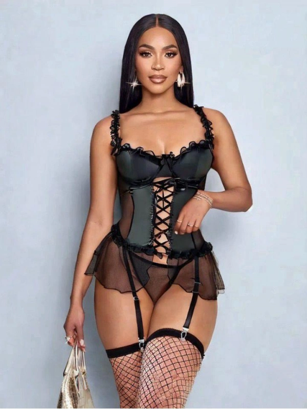 Kadın Çoraplı Lame Deri Fantezi Kostüm Elbise Seksi Gece Fantazi Kostüm 9002