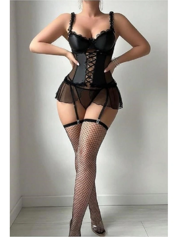 Kadın Çoraplı Lame Deri Fantezi Kostüm Elbise Seksi Gece Fantazi Kostüm 9002