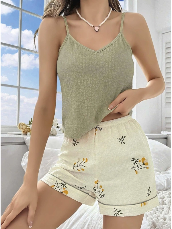 Kadın Ekru Çiçek Baskılı Şortlu Gecelik Pijama Takımı 5099