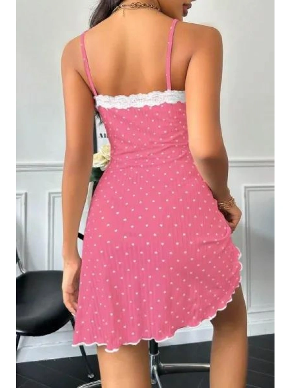 Kadın Fuşya Beyaz Kalp Desenli Askılı Dantel Detaylı Elbise 5069