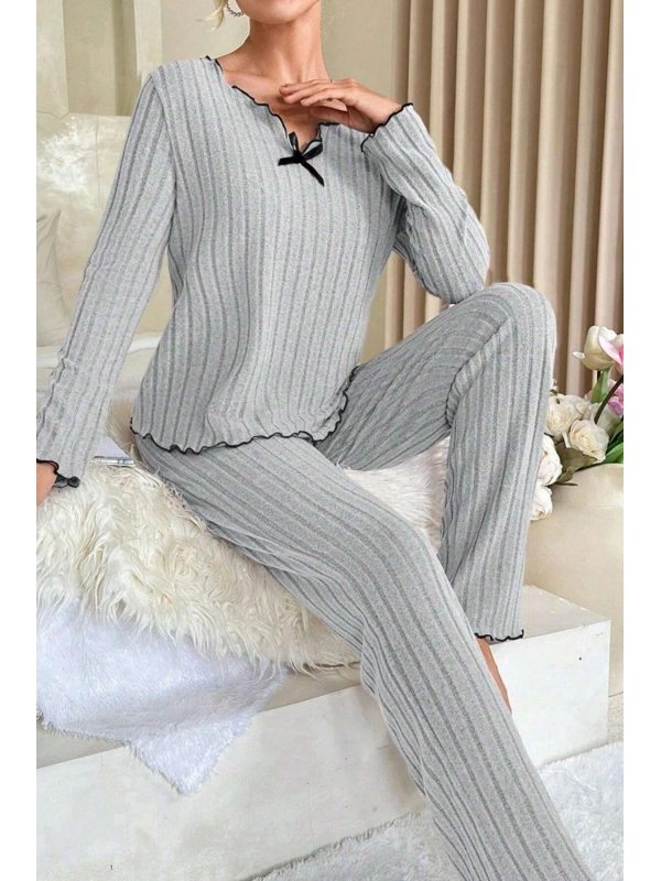 Kadın Gri Çizgili Uzun Kollu Fiyonk Detaylı Pijama Takımı Rahat Mevsimlik