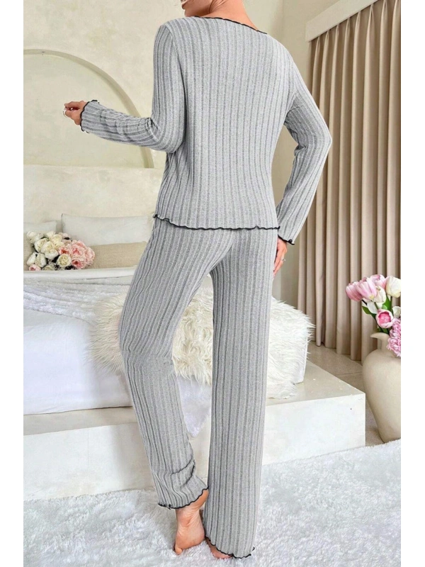 Kadın Gri Çizgili Uzun Kollu Fiyonk Detaylı Pijama Takımı Rahat Mevsimlik
