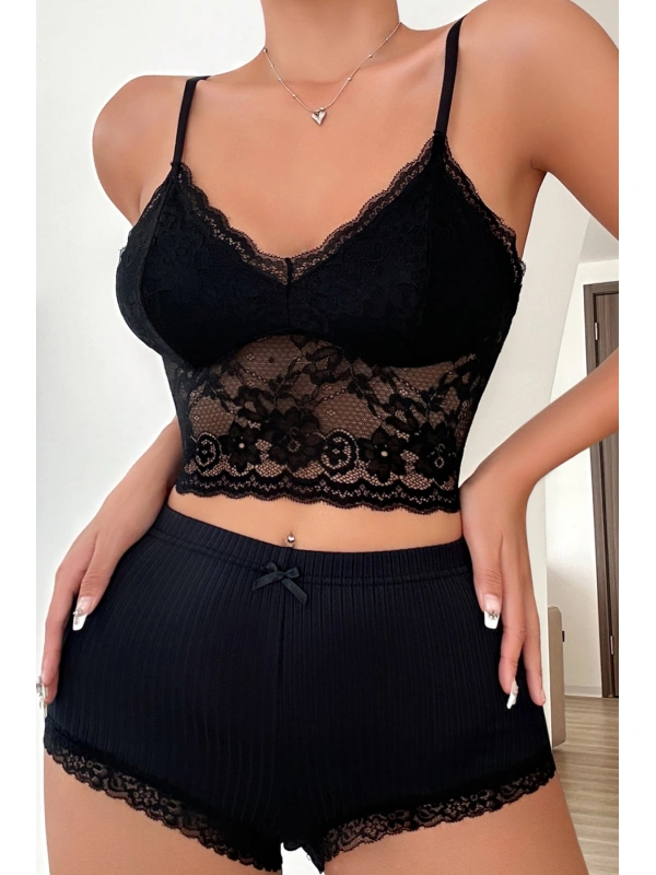 Kadın Kaşkorse Şortlu Dantelli Gecelik Takımı