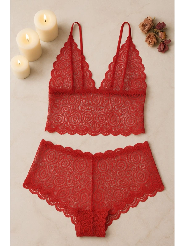 Kadın Kırmızı Dantel Bralet Şort Takımı – Tutkulu Ve Çekici İç Giyim