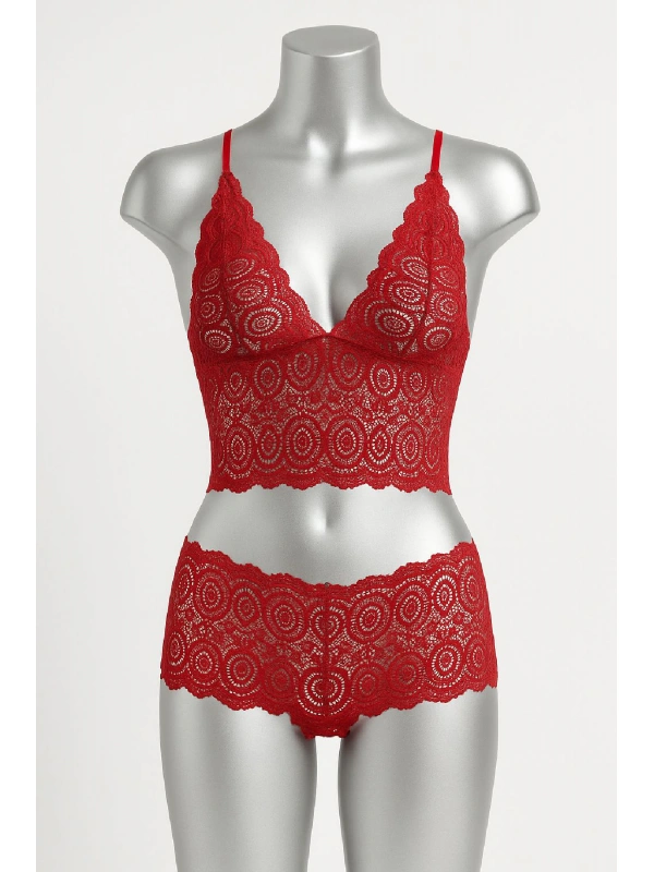 Kadın Kırmızı Dantel Bralet Şort Takımı – Tutkulu Ve Çekici İç Giyim