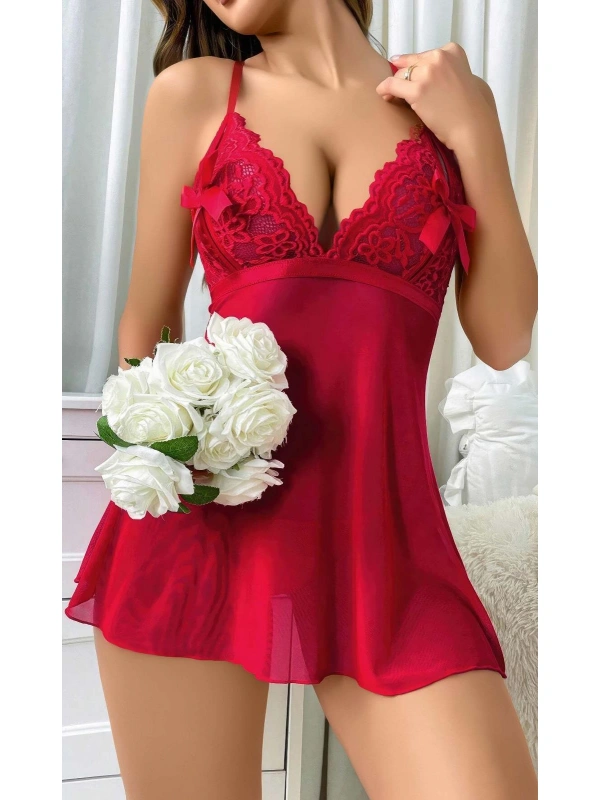 Kadın Kırmızı Fantazi Gecelik Kısa Tül Göğüs Fiyok Detaylı 2097