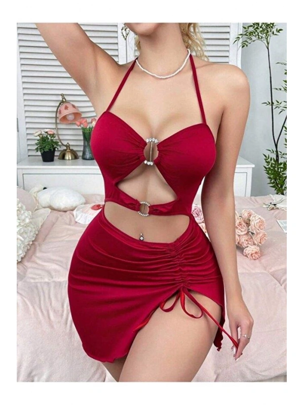 Kadın Kırmızı Fantezi Elbise Önden Büzgü Dekolteli 5082