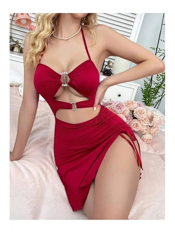 Kadın Kırmızı Fantezi Elbise Önden Büzgü Dekolteli 5082