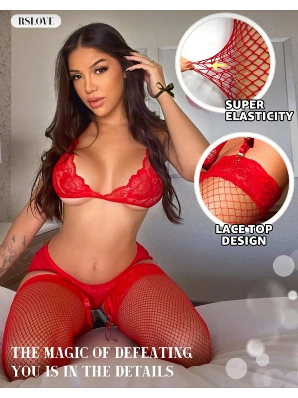 Kadın Kırmızı File Silikonlu Jartiyer Çorabı