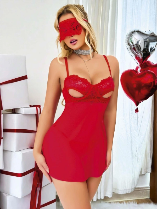 Kadın Kırmızı Göğüs Dekolteli Tül Gecelik Tanga Takım 2180