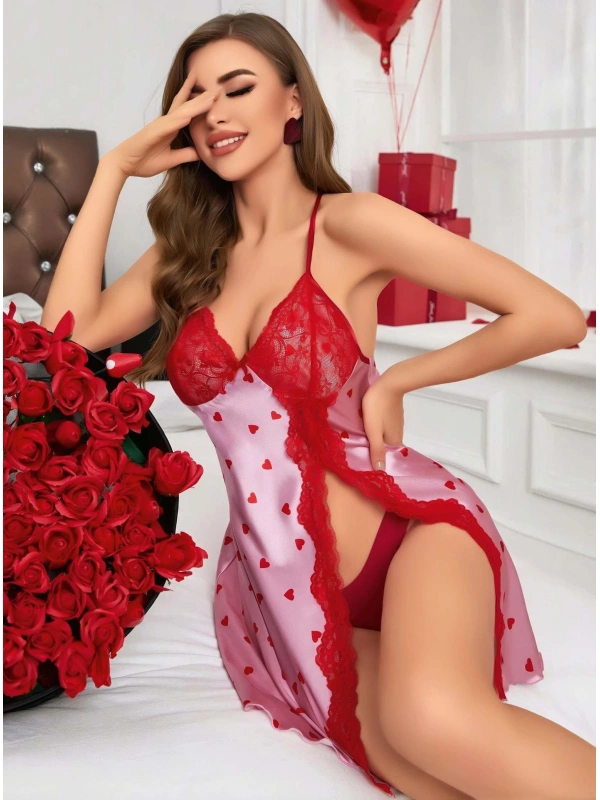 Kadın Kırmızı Kalp Desenli Saten Gecelik 2220