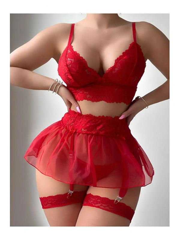 Kadın Kırmızı Kısa Tül Fantezi Kostüm 2199