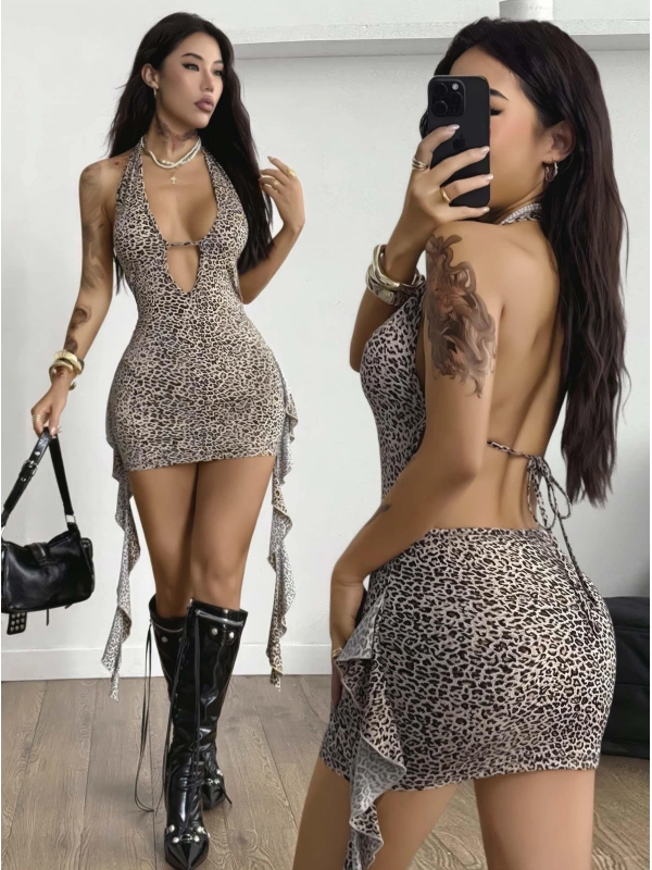 Kadın Leopar Desenli Fantezi Gece Elbisesi 5114