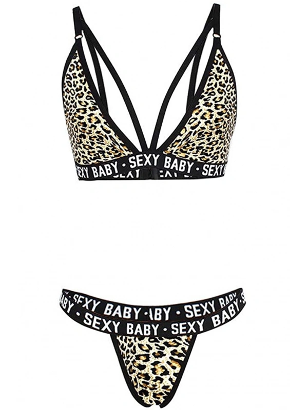 Kadın Leopar Desenli Yazı Detaylı Ipli Sütyen Takımı