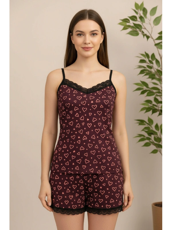 Kadın Mor Kalp Desenli Askılı Şortlu Dantelli Pijama Takımı