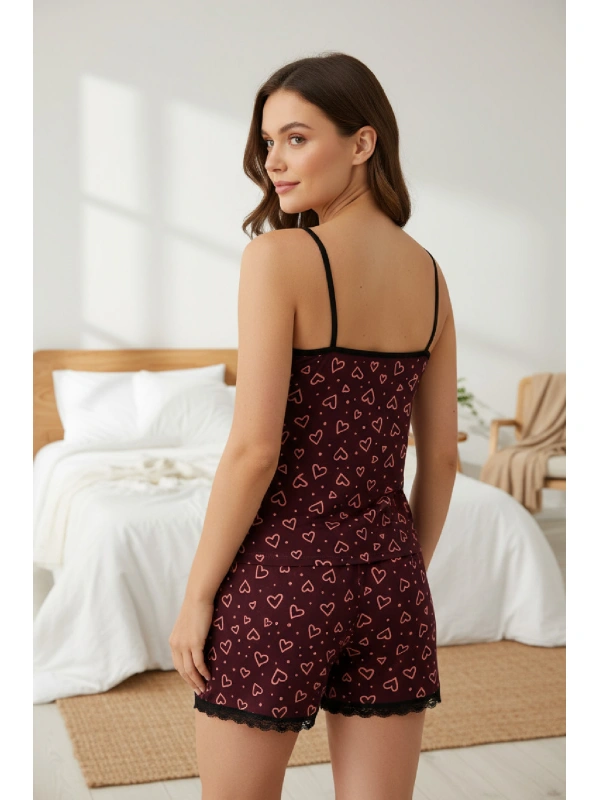 Kadın Mor Kalp Desenli Askılı Şortlu Dantelli Pijama Takımı