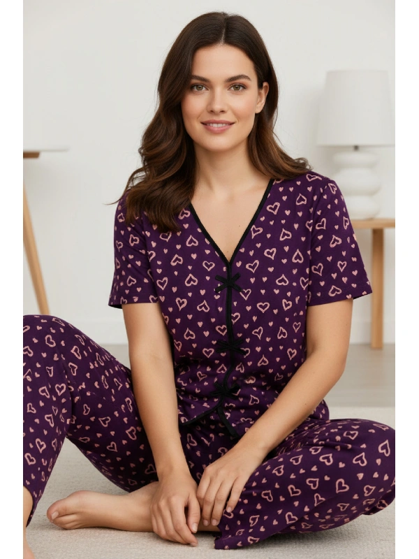 Kadın Mor Kalp Desenli Fiyonklu Kısa Kollu Uzun Pijama Takımı