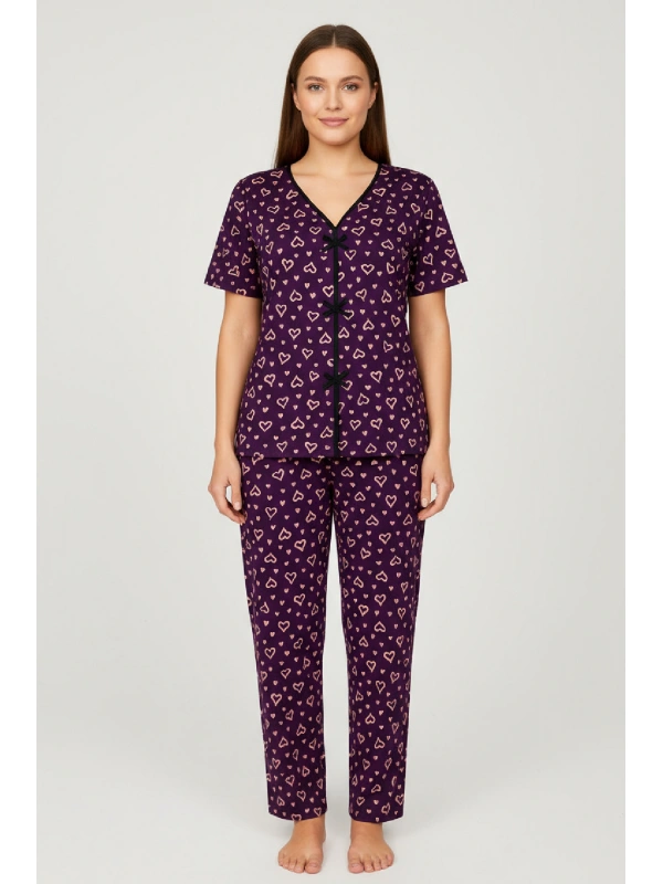 Kadın Mor Kalp Desenli Fiyonklu Kısa Kollu Uzun Pijama Takımı