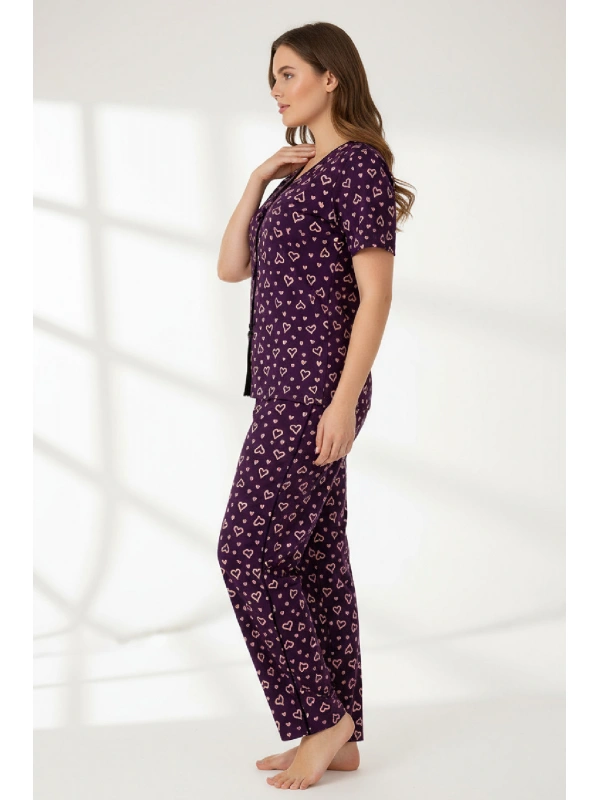 Kadın Mor Kalp Desenli Fiyonklu Kısa Kollu Uzun Pijama Takımı