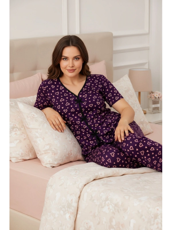 Kadın Mor Kalp Desenli Fiyonklu Kısa Kollu Uzun Pijama Takımı