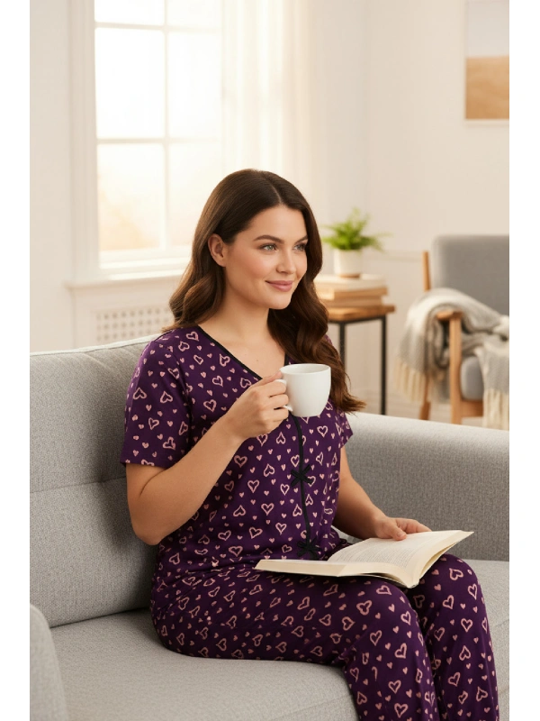 Kadın Mor Kalp Desenli Fiyonklu Kısa Kollu Uzun Pijama Takımı