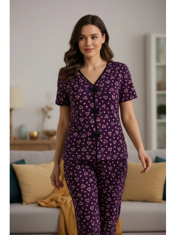 Kadın Mor Kalp Desenli Fiyonklu Kısa Kollu Uzun Pijama Takımı