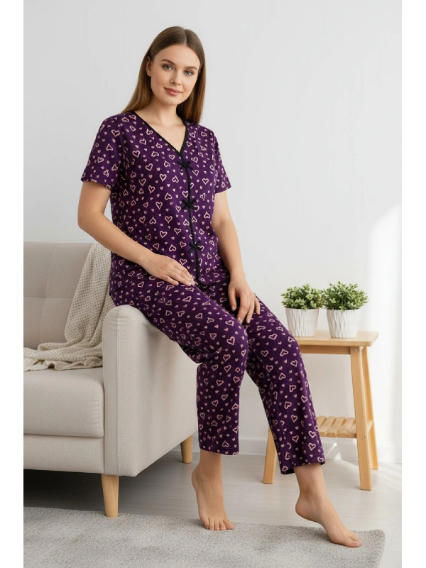 Kadın Mor Kalp Desenli Fiyonklu Kısa Kollu Uzun Pijama Takımı