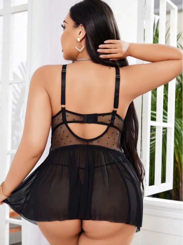 Kadın Nakışlı Siyah Gotik İp Askılı Büyük Beden Tüllü Transparan Fantezi Gecelik 8007