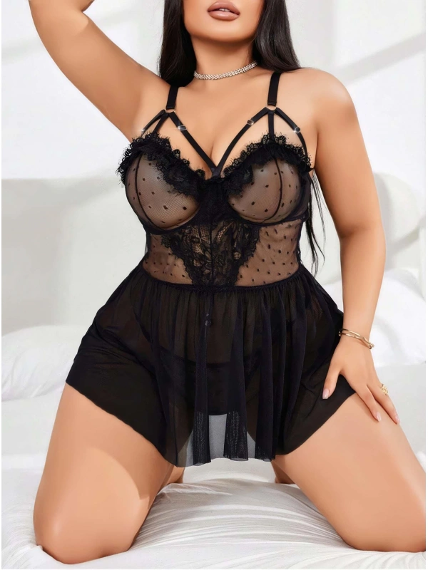 Kadın Nakışlı Siyah Gotik İp Askılı Büyük Beden Tüllü Transparan Fantezi Gecelik 8007