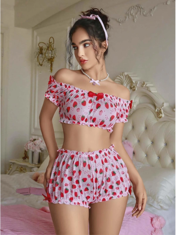 Kadın Pembe Çilek Desenli Sexy Kostüm 8014