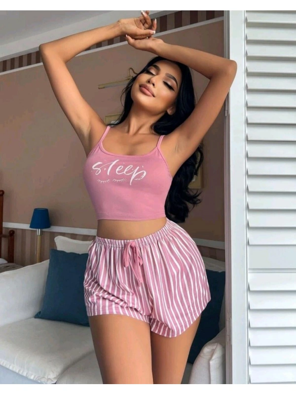 Kadın Pembe Çizgili Desen Askılı Şortlu Pijama Takım 9002