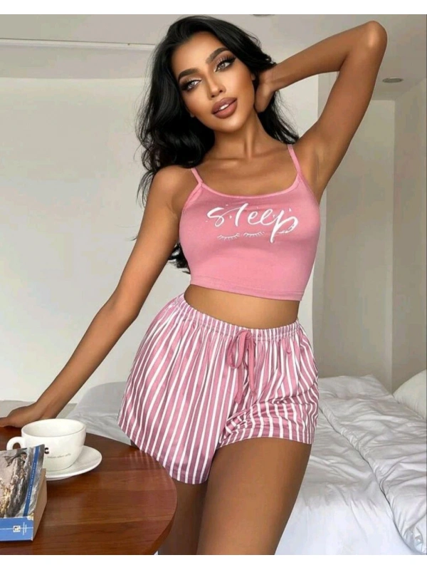 Kadın Pembe Çizgili Desen Askılı Şortlu Pijama Takım 9002
