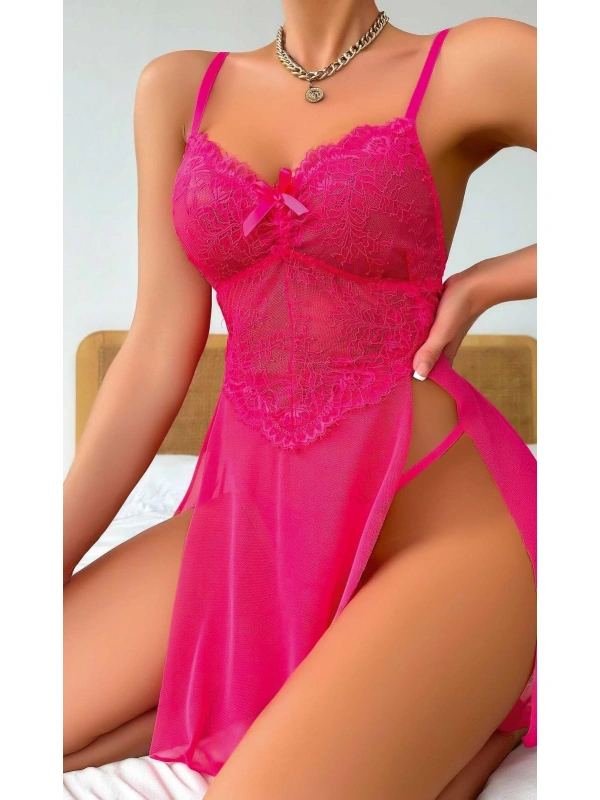 Kadın Pembe Fantazi Gecelik Tül Fiyonk Detaylı Yanları Dekolteli 2191