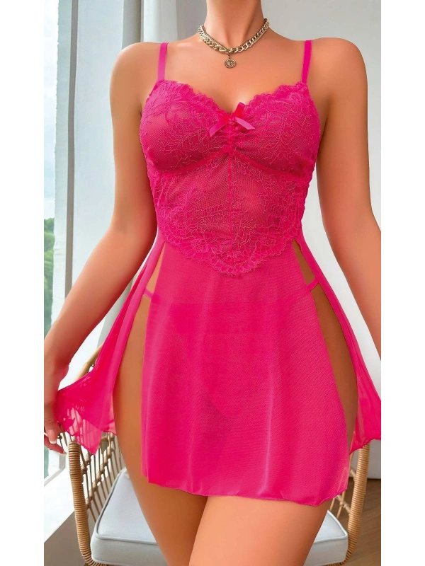 Kadın Pembe Fantazi Gecelik Tül Fiyonk Detaylı Yanları Dekolteli 2191