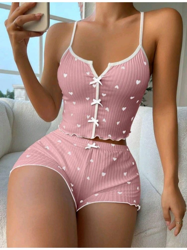 Kadın Pembe Kalpli Askılı Şortlu Pijama Takım 6654