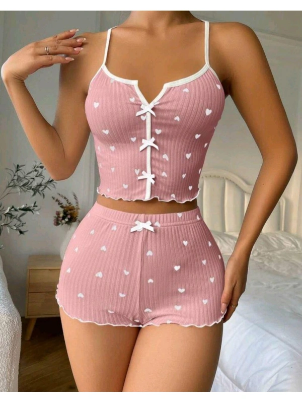 Kadın Pembe Kalpli Askılı Şortlu Pijama Takım 6654