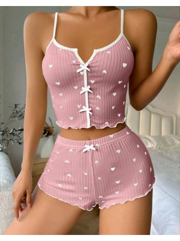 Kadın Pembe Kalpli Askılı Şortlu Pijama Takım 6654