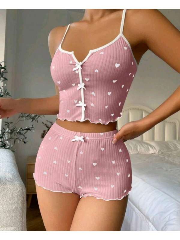 Kadın Pembe Kalpli Askılı Şortlu Pijama Takım 6654