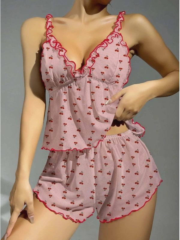 Kadın Pembe Kiraz Desenli Fırfırlı Şortlu Gecelik Takım 5102