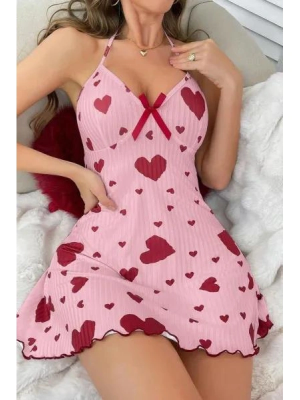 Kadın Pembe Kırmızı Kalp Desenli Askılı Sırt Dekolteli Elbise 5064
