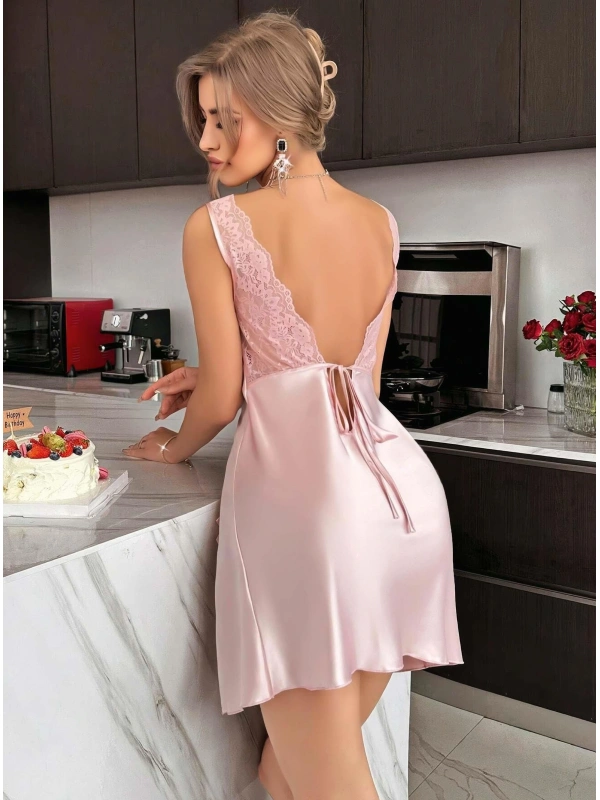 Kadın Saten Askılı Dantel Detaylı Gecelik - Pudra Pembe 2224