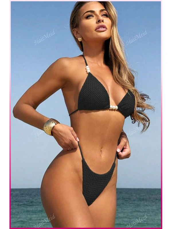 Kadın Siyah Askılı İncili Mayo Takımı