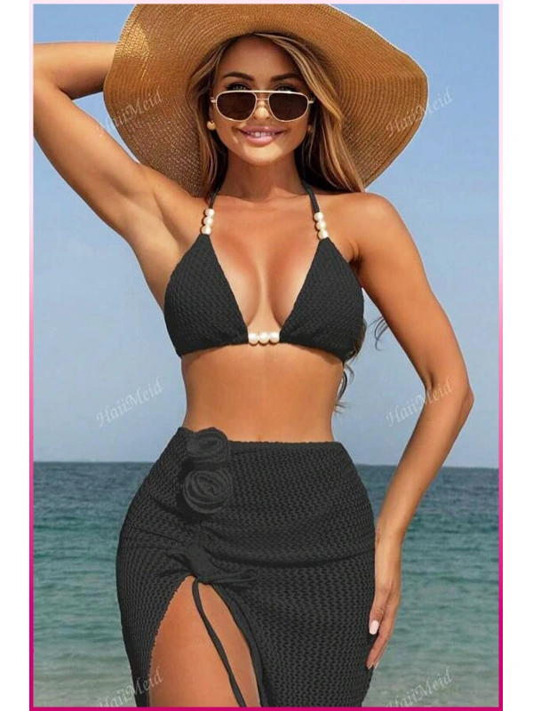 Kadın Siyah Askılı İncili Mayo Takımı