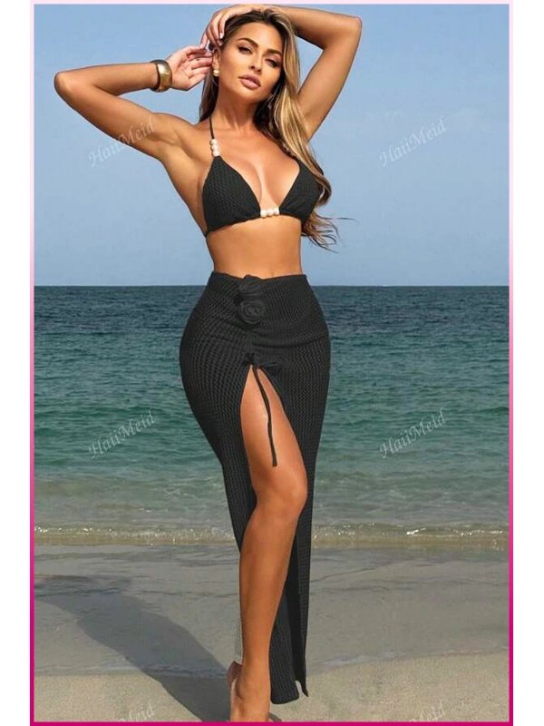 Kadın Siyah Askılı İncili Mayo Takımı