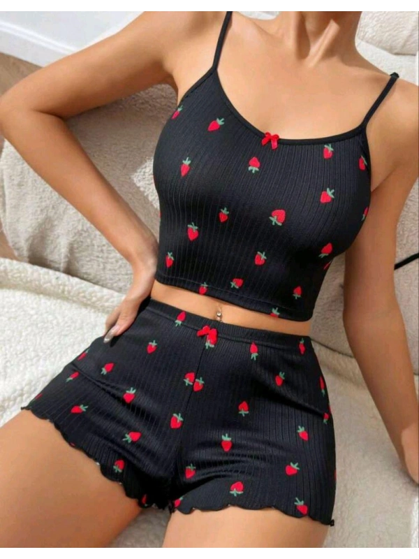 Kadın Siyah Çilek Desenli Seksi Gecelik Takım 6644