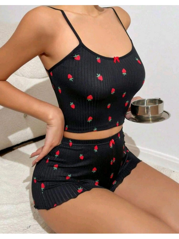 Kadın Siyah Çilek Desenli Seksi Gecelik Takım 6644